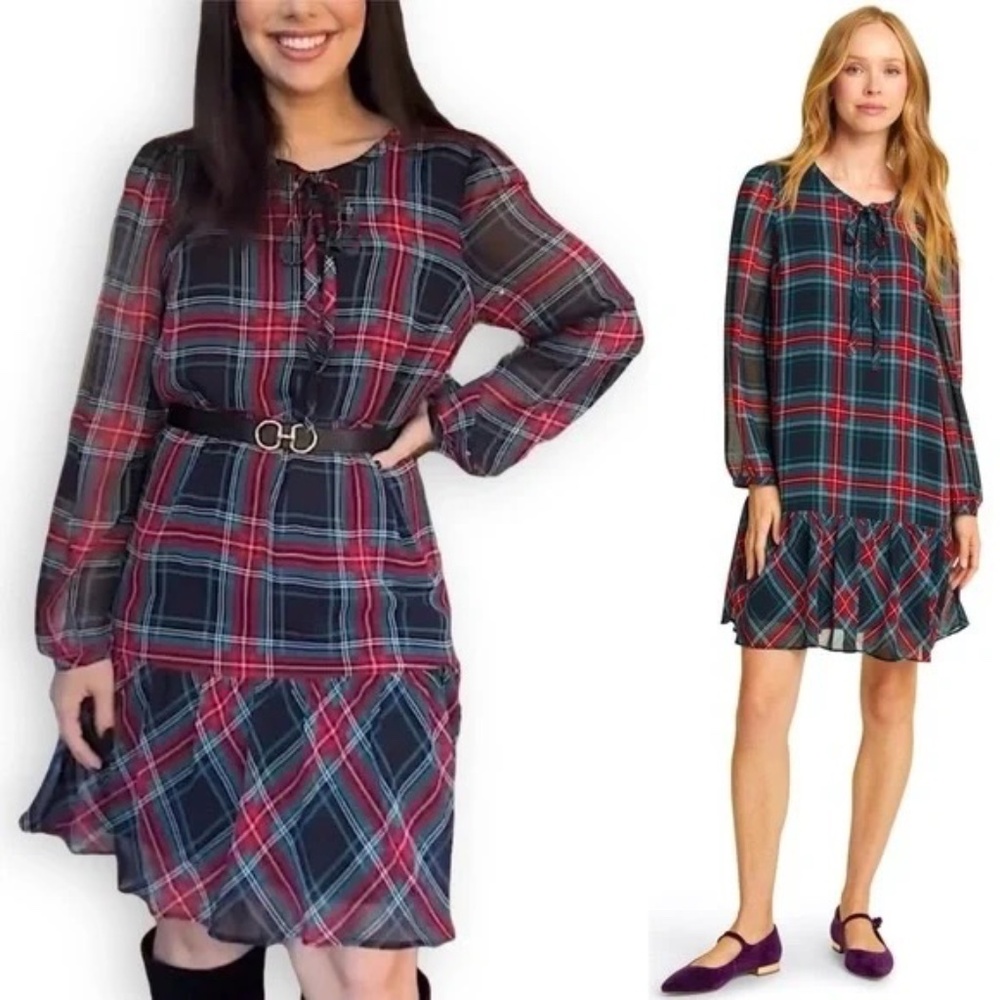 Draper James Rosanne Stewart Tartan Plaid Holiday Dress Green Red L